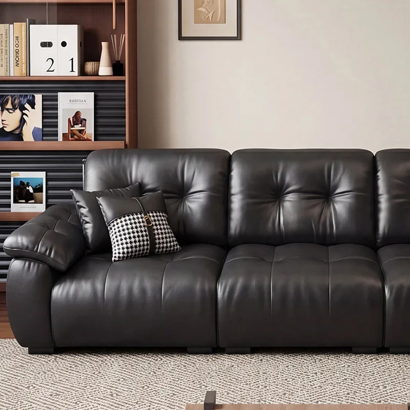 First layer cowhide sofa straight row black sofa living room cloud leather sofa