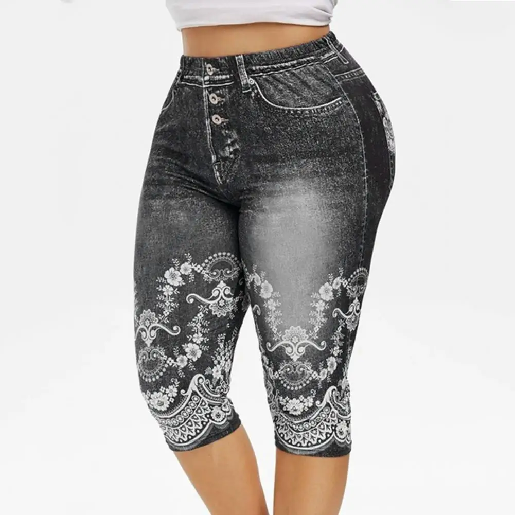 

Simple Yoga Leggings False Denim Print Quick Drying Pants Skinny High Waist Cropped Trousers