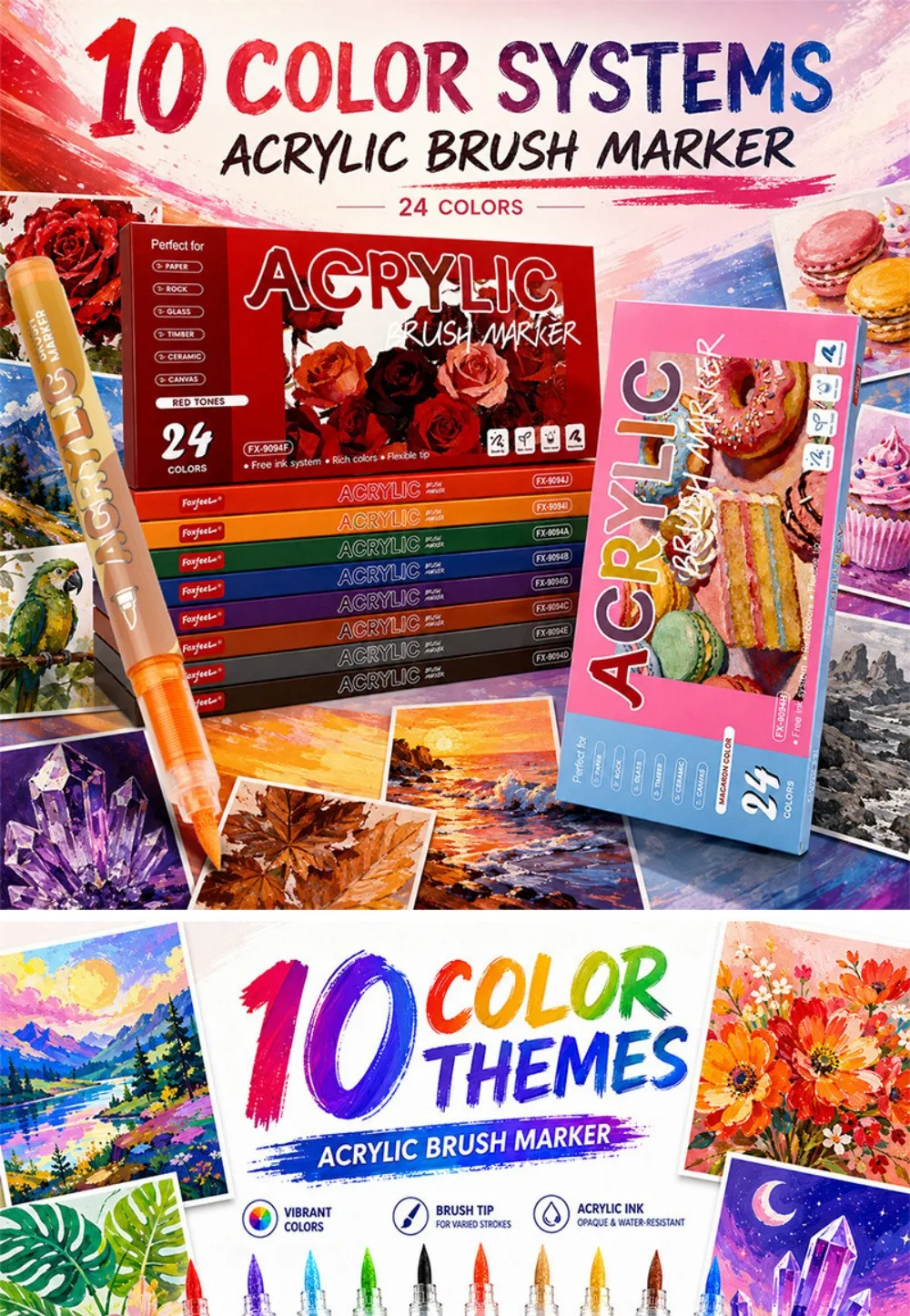 Set mit 12 oder 24 Acryl-Marker-Stiften (Pinselspitze) – geeignet für Stein, Glas, Holz, Keramik, Leinwand, Luftballons, Papier und DIY-Bastelprojekte – Detail 1