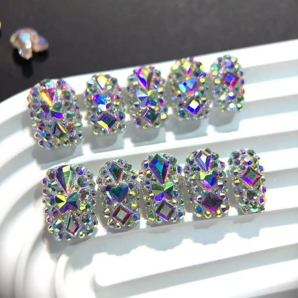 

10pcs high-end AB Full of colorful diamonds handmade fake nails, Light luxury short and eye-catching nail art