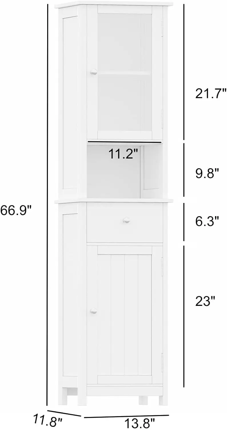 Kabinet lantai kamar mandi tinggi dengan pintu kaca, kabinet penyimpanan lantai sempit dengan rak dapat disesuaikan, penyimpanan kamar mandi kayu