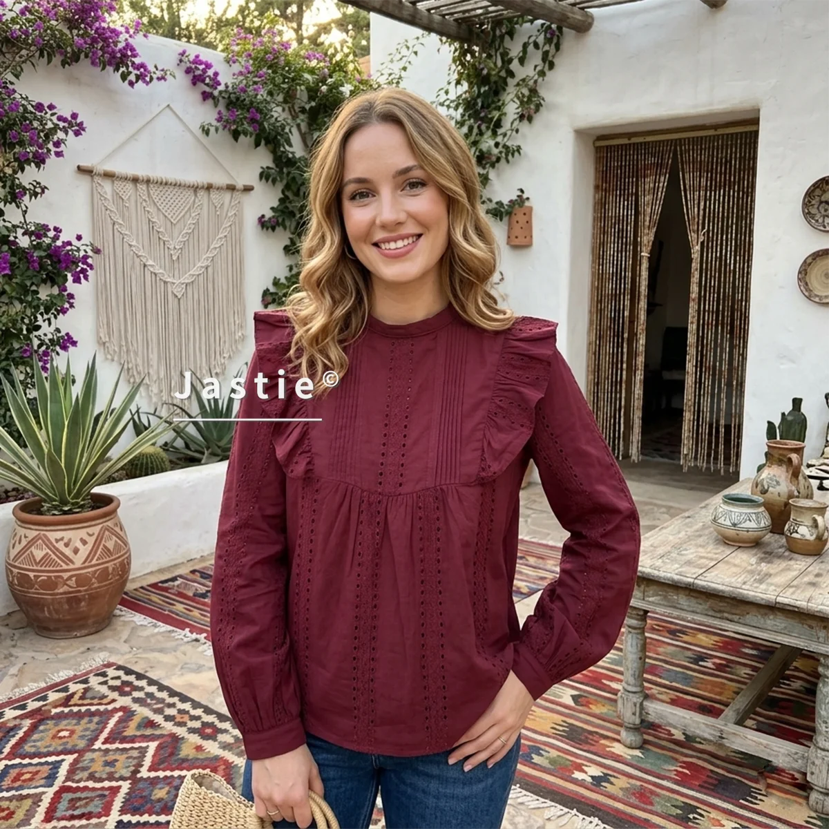 

Burgundy Embroidery Blouse Women French Vintage Ruffle Eyelet Lace Shirt Bohemian Beach Holiday Long Sleeve Elegant Chic Blusas