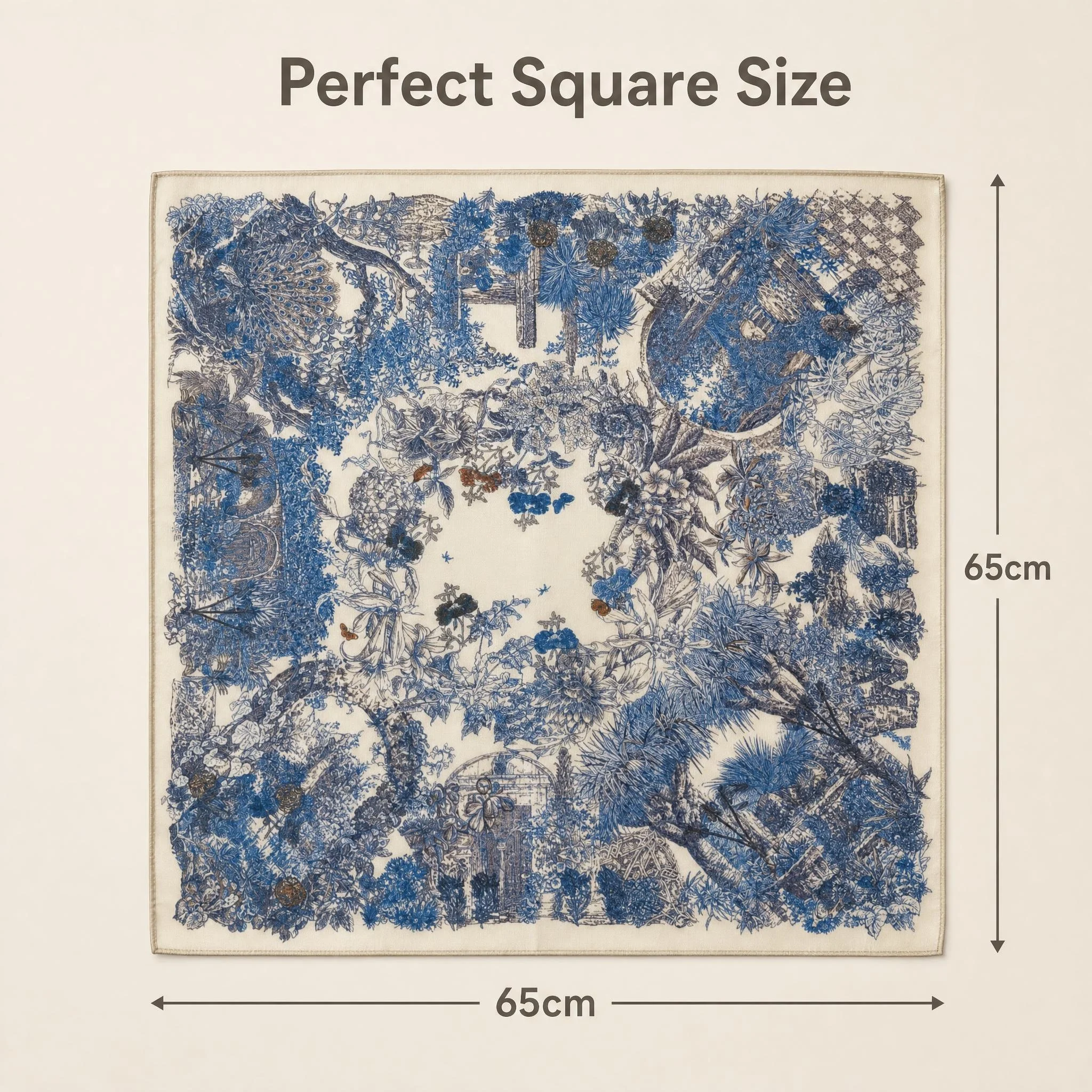 シルク30％、ウール70％の正方形スカーフ。女性用、サイズ65x65cm。ヴィンテージ風の植物柄、両面プリント。ヘッドスカーフ、ネックチーフ、バンダナとしても使用可能。柔らかく暖かく、ギフトにも最適。