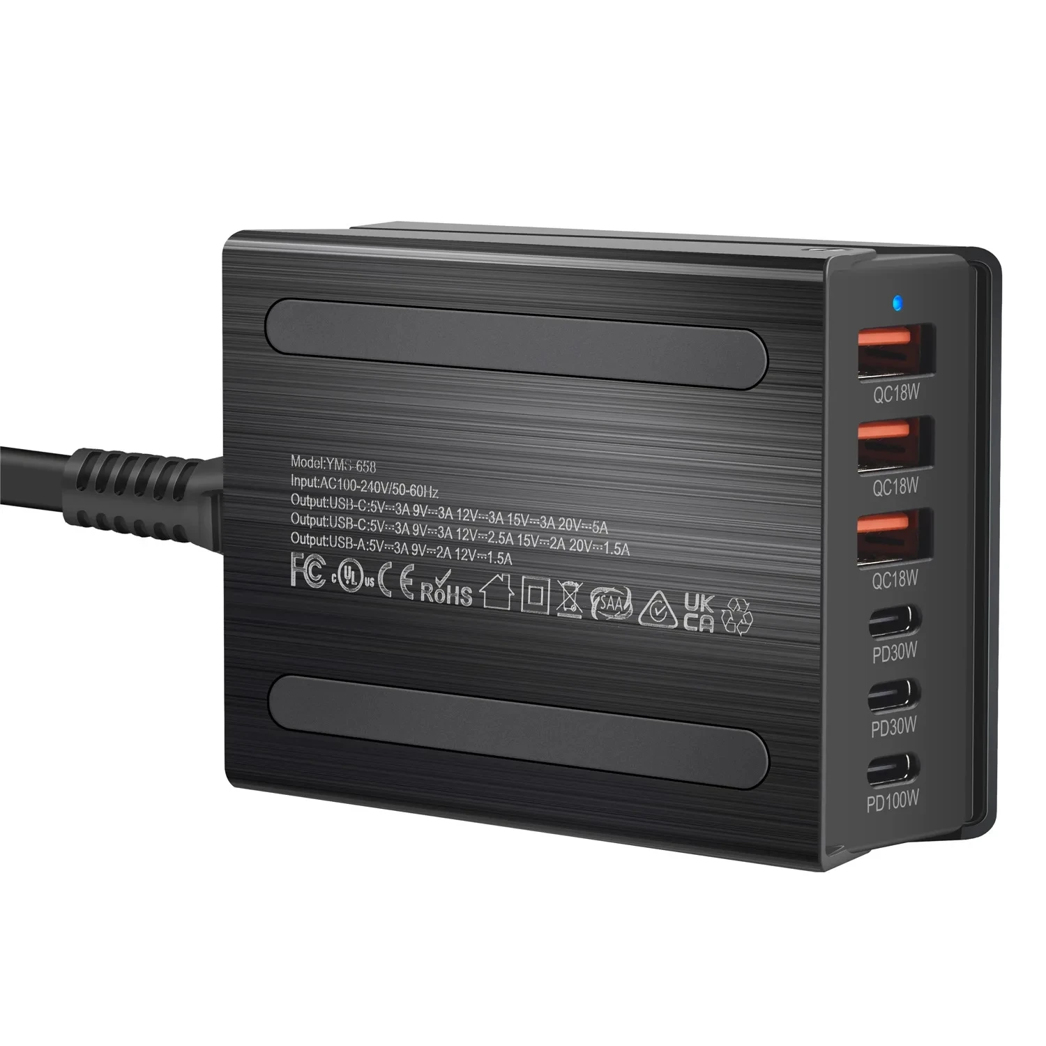 Szybka ładowarka USB C 200W 6-portowa stacja ładująca Hub Kompaktowa ładowarka GaN z zasilaczem dla IPhone Samsung Xiaomi Huawei — zdjęcie 5