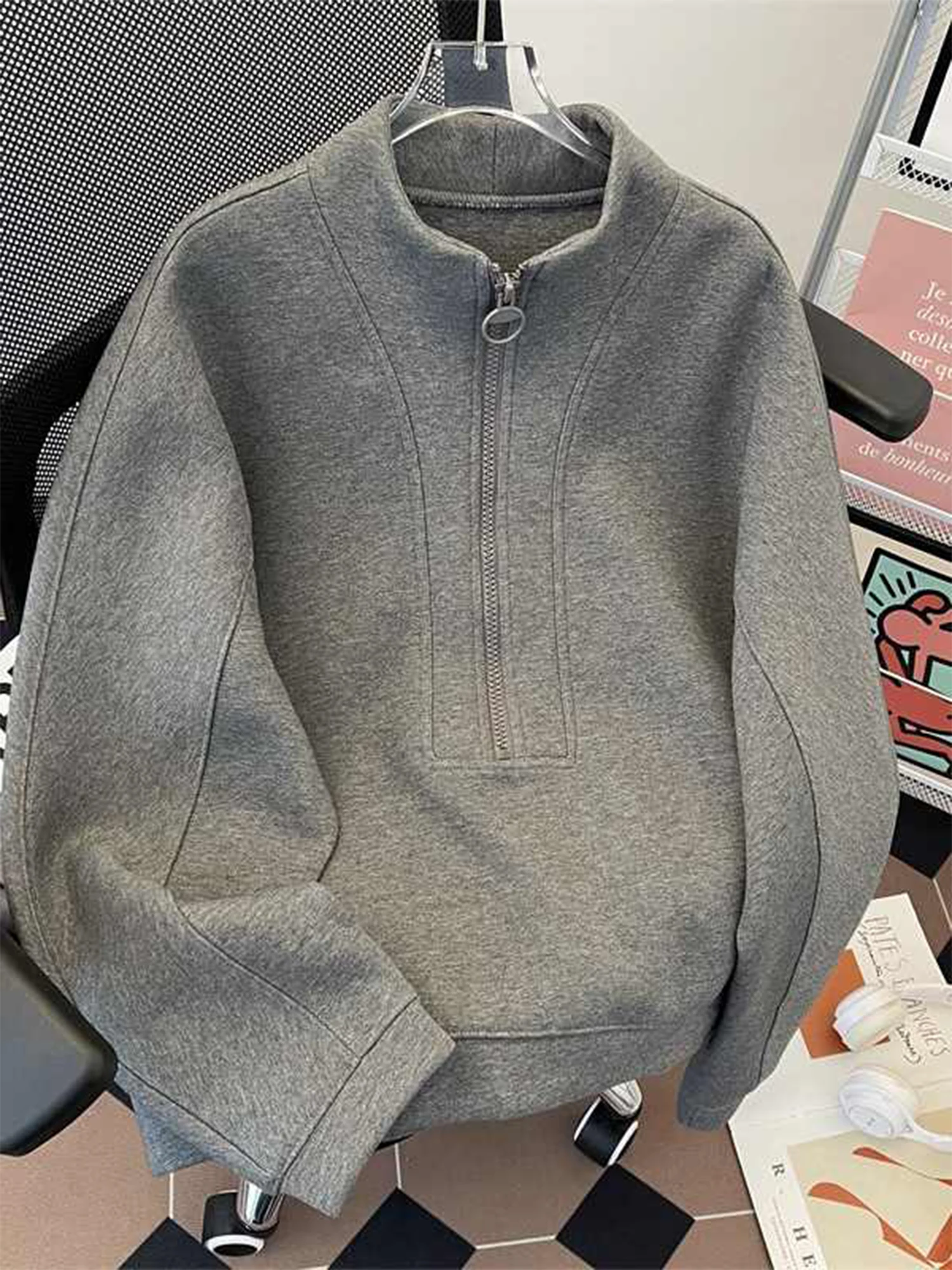 Women's Grey Zippers Sweatshirt Vintage Harajuku Y2k Long Sleeve Oversize Sweatshirt Pullover Top 2000s Fashion Clothes Autumn