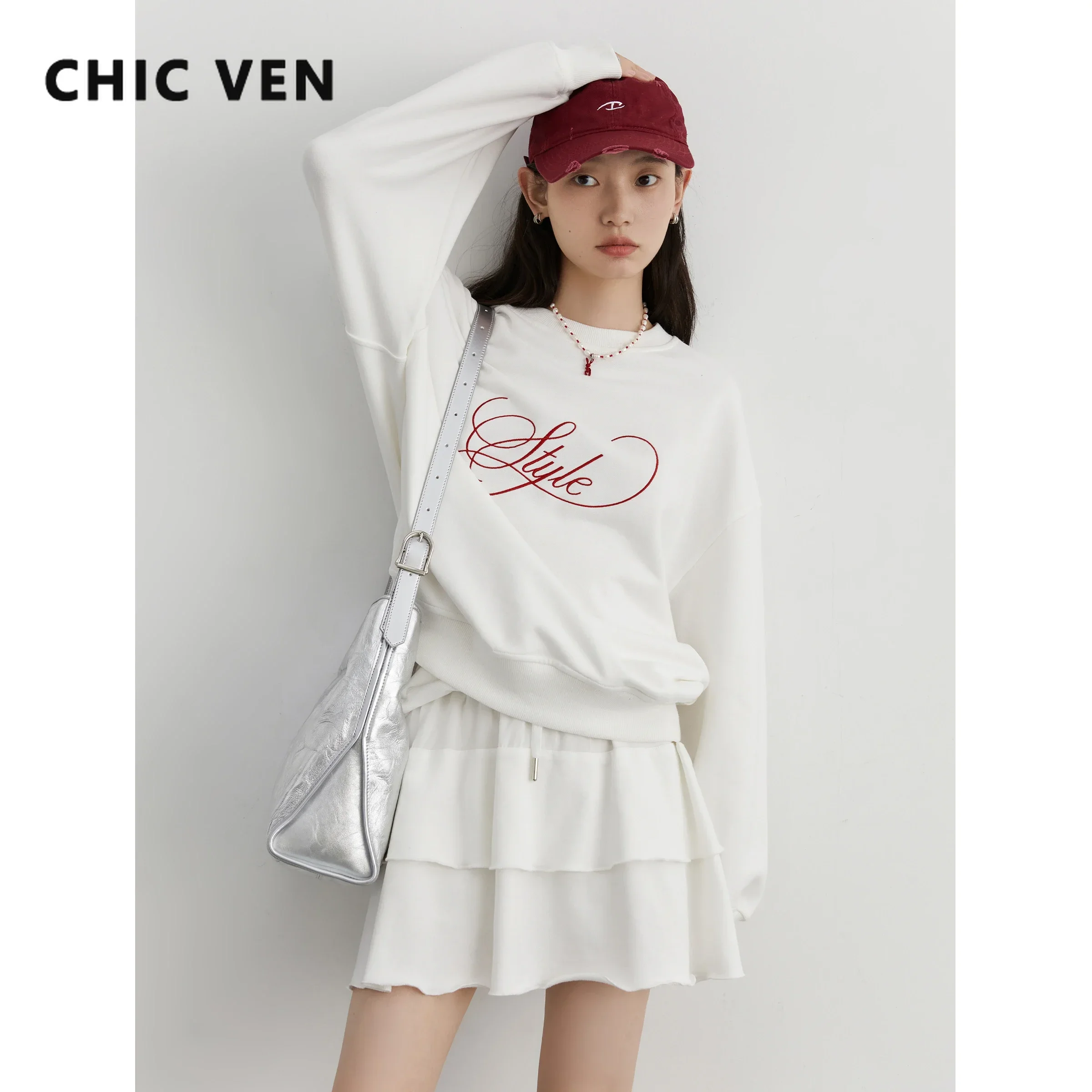 CHIC VEN Women\'s Pullover Shirt Loose Casual New Korean Letter Embroidered Elastic Waist A-line Skirt Set Spring Autumn 2024