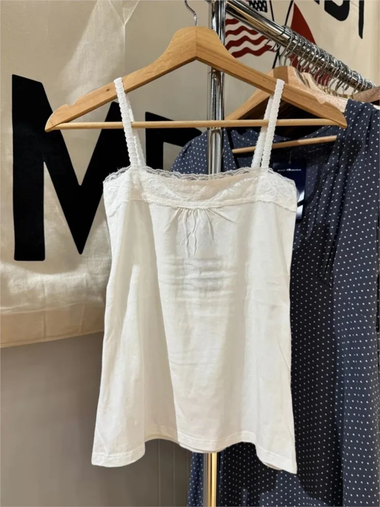 Lace Trim Strapless Tops Women Cotton Soft Slim  White Sexy Sleeveless Camisole Sweet Cute Chic Tank Tops Y2K