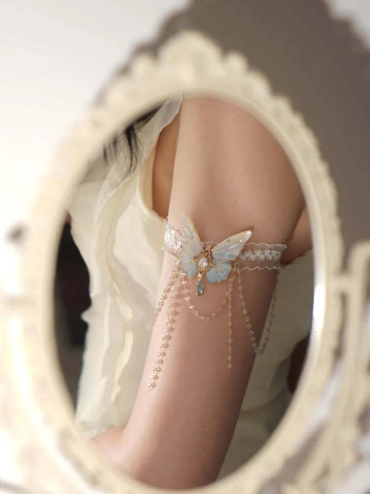 

Pure and alluring lace butterfly tassel armlet design, Instagram-worthy leg chain bracelet, exquisite body chain