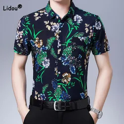 Male Clothes Summer Short Sleeve Casual Printing Polo-Neck Shirt 2023 Vintage Trend Pockets Splice Men Single-breasted Shirt