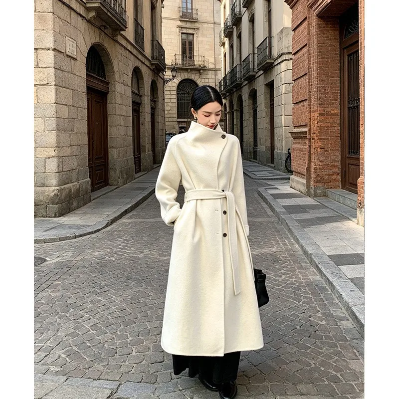 Stand Collar Long Length Coat Relaxed Fit Casual with Three Dimensional Decoration Thick Double Faced Construction Women Coat