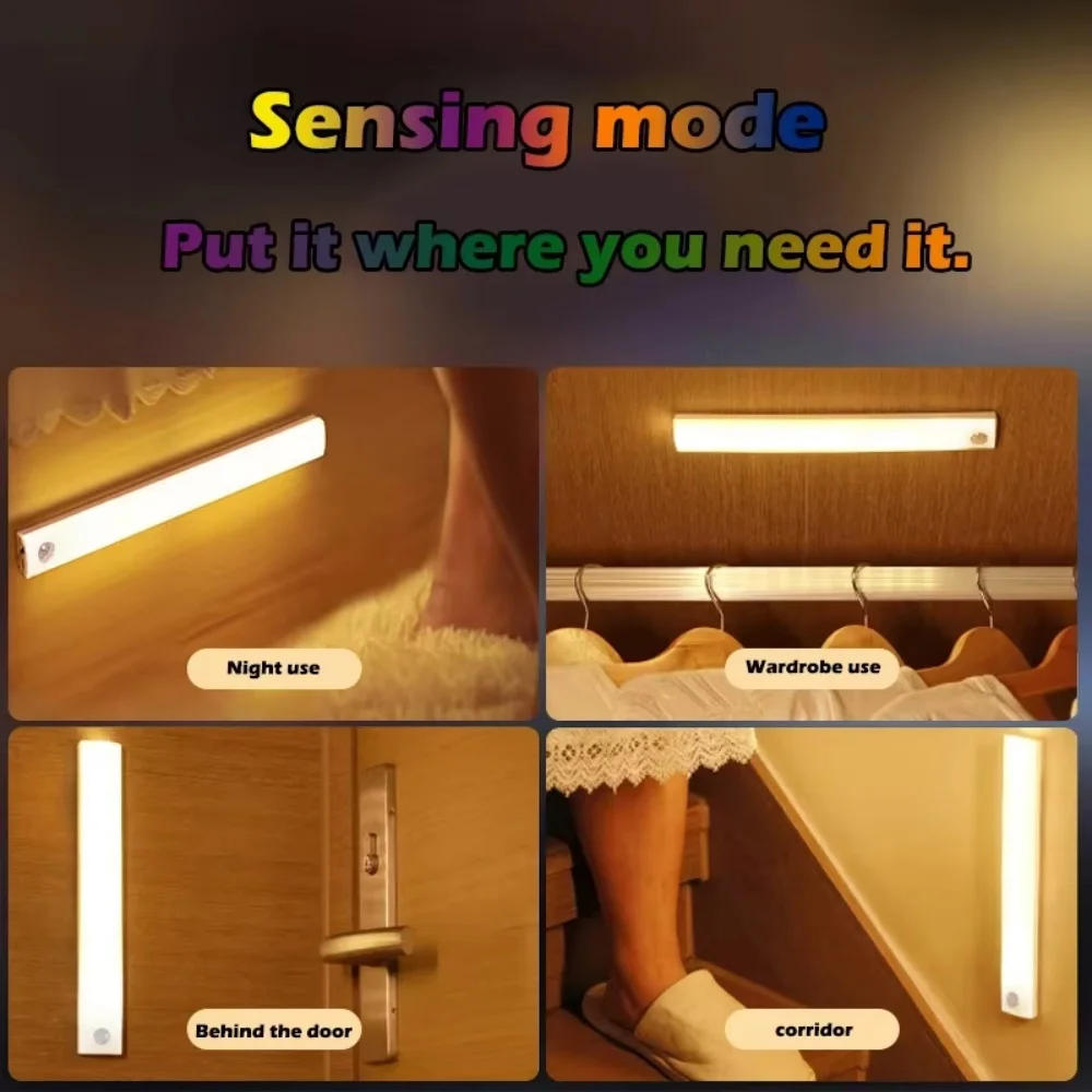 Cabinet Light USB Rechargeable Motion Sensor LED Bar Light Induction Night Light Portable for Kitchen Bedside Wardrobe Closet