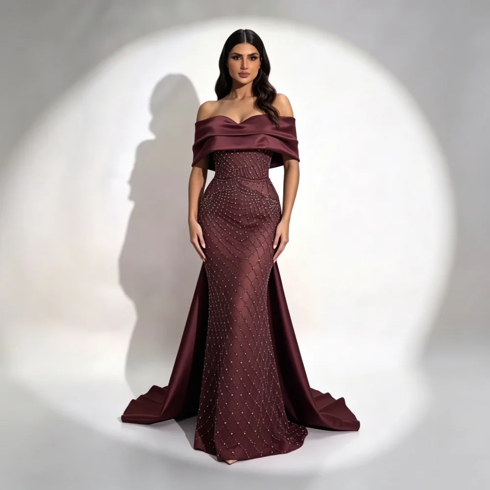 Customized Burgundy Off Shoulder Satin Mother Of Bride Dresses Rhinestone Beaded  Mesh Mermaid Train Formal Wedding Guest Gown