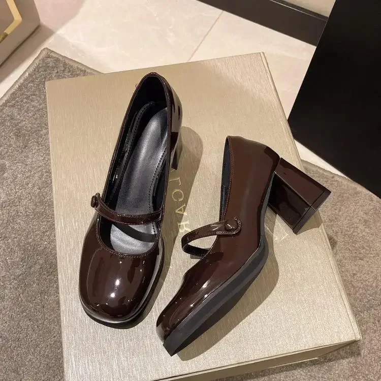 Comemore  Summer New Patent Leather Brown Shoes Vintage Thick High Heels Shoes Women Woman Square Toe Chunky Heels 2025 black