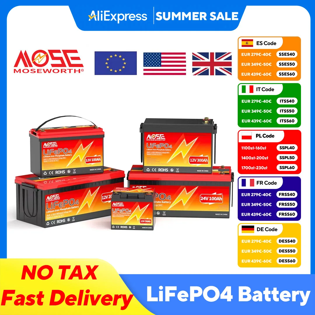 

EU US Stock Lifepo4 Battery 12V 24V 300Ah 100Ah 200Ah 60Ah Lithium Iron Phosphate Rechargeable Battery Bateria for RV Campers
