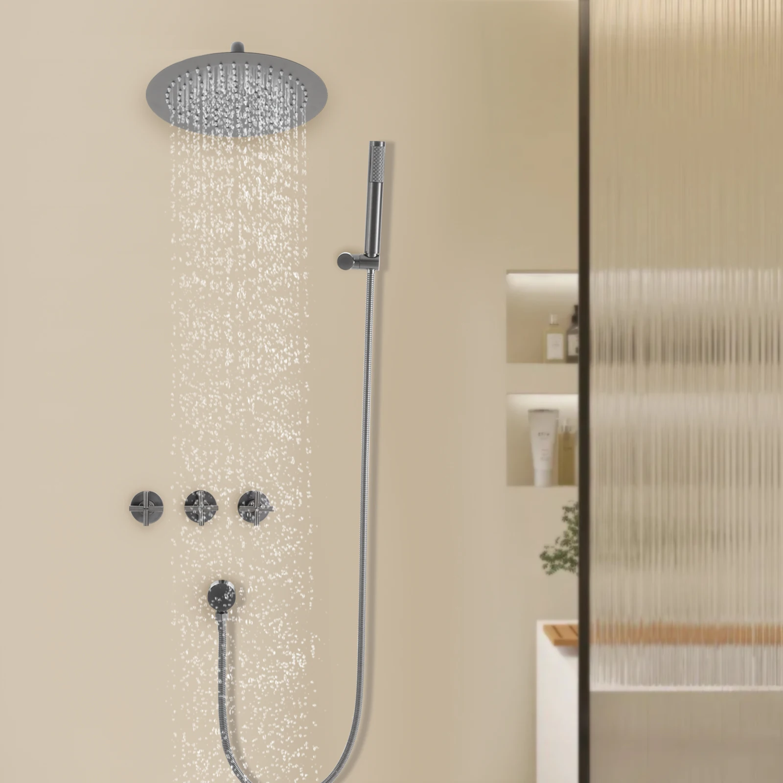Modern Wall Mounted Shower Set 10-Inch Rain Shower Head with Handheld Spray, Stainless Steel Bathroom Shower Kit with 4.92ft Hose & Ceramic Valve Core, Grey
