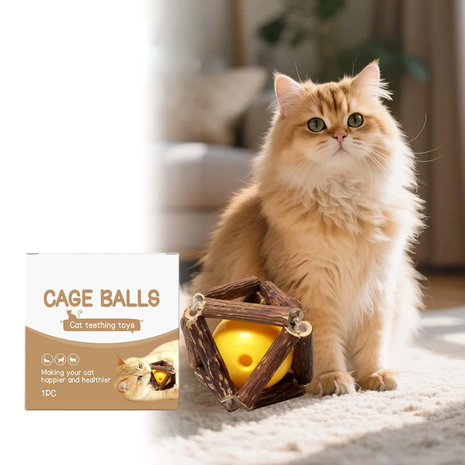 Cat Chew Toy Fun Cage Balls Wooden Plastic Toys Promoting Oral Health Self-Entertaining Toy for Cats to Play and Relieve Boredom