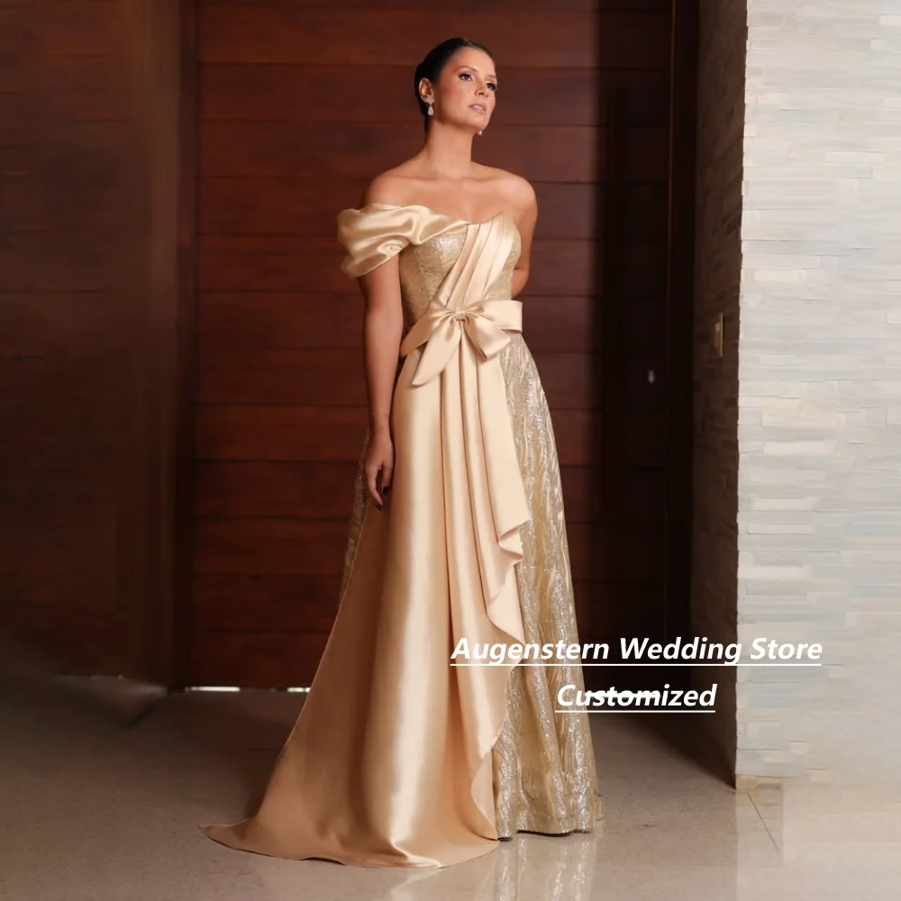 Customized Sequin Satin Off‑The‑Shoulder A‑Line  Mother Of The Bride Gown Big Bow Formal Wedding Guest Party Gowns For Women