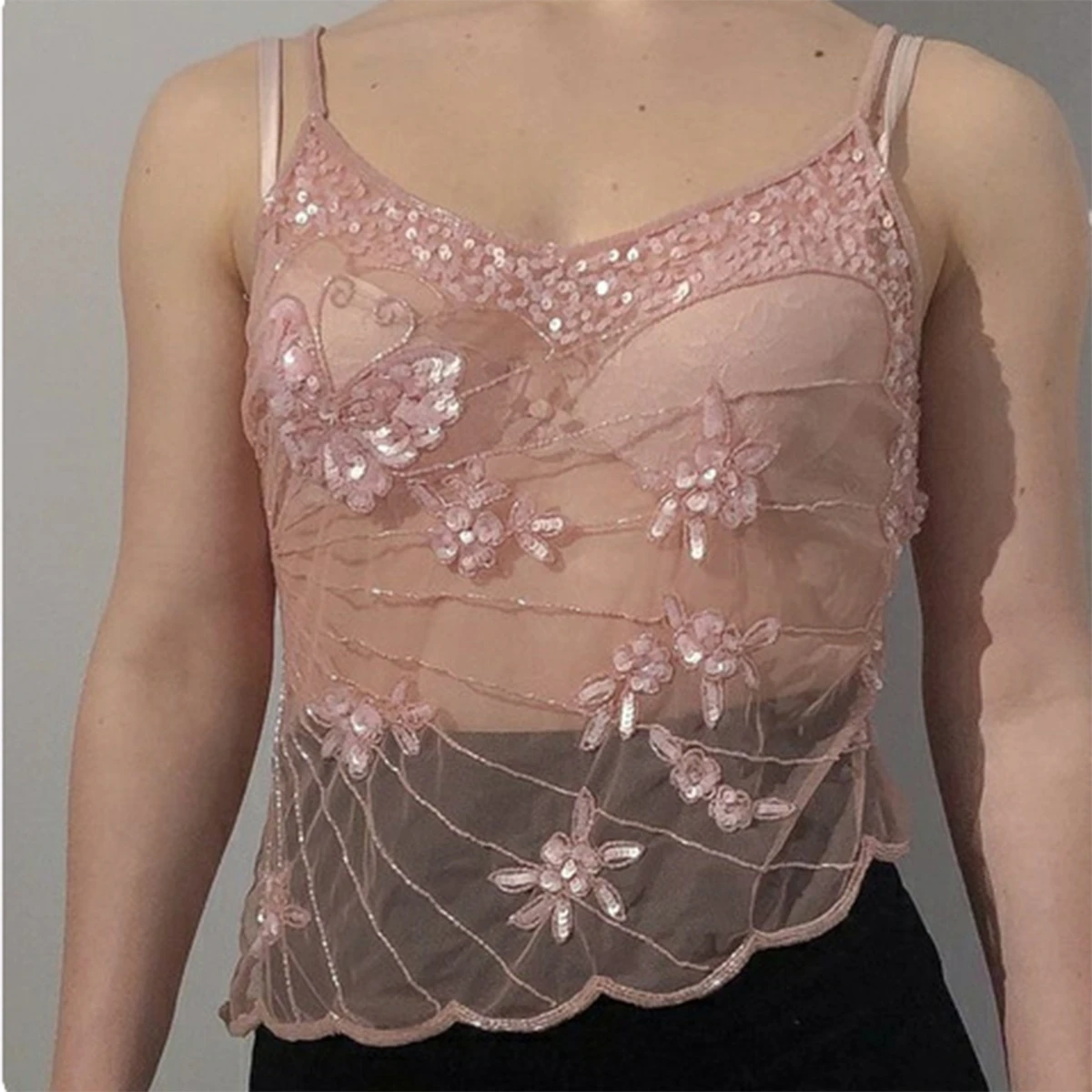 Women's Spaghetti Strap Soild Color Sequins Tops Summer See Through Embroidery Asymmetrical Crop