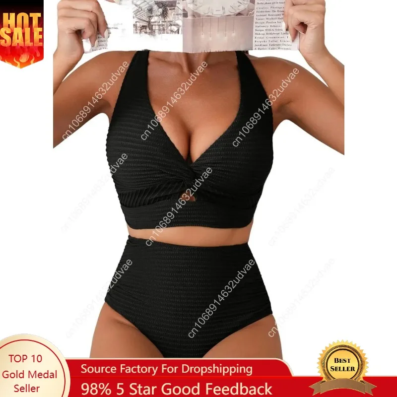 

Herseas Women's Textured Bikini Sets Twist Front Top Swimsuits High Waisted Bathing Suits