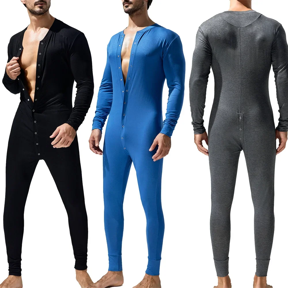 Men Button-up Solid Adult Onesies Long Sleeve Comfortable Bodysuit One-piece Pajamas Lounge Sleepwear Male Jumpsuit Long Rompers