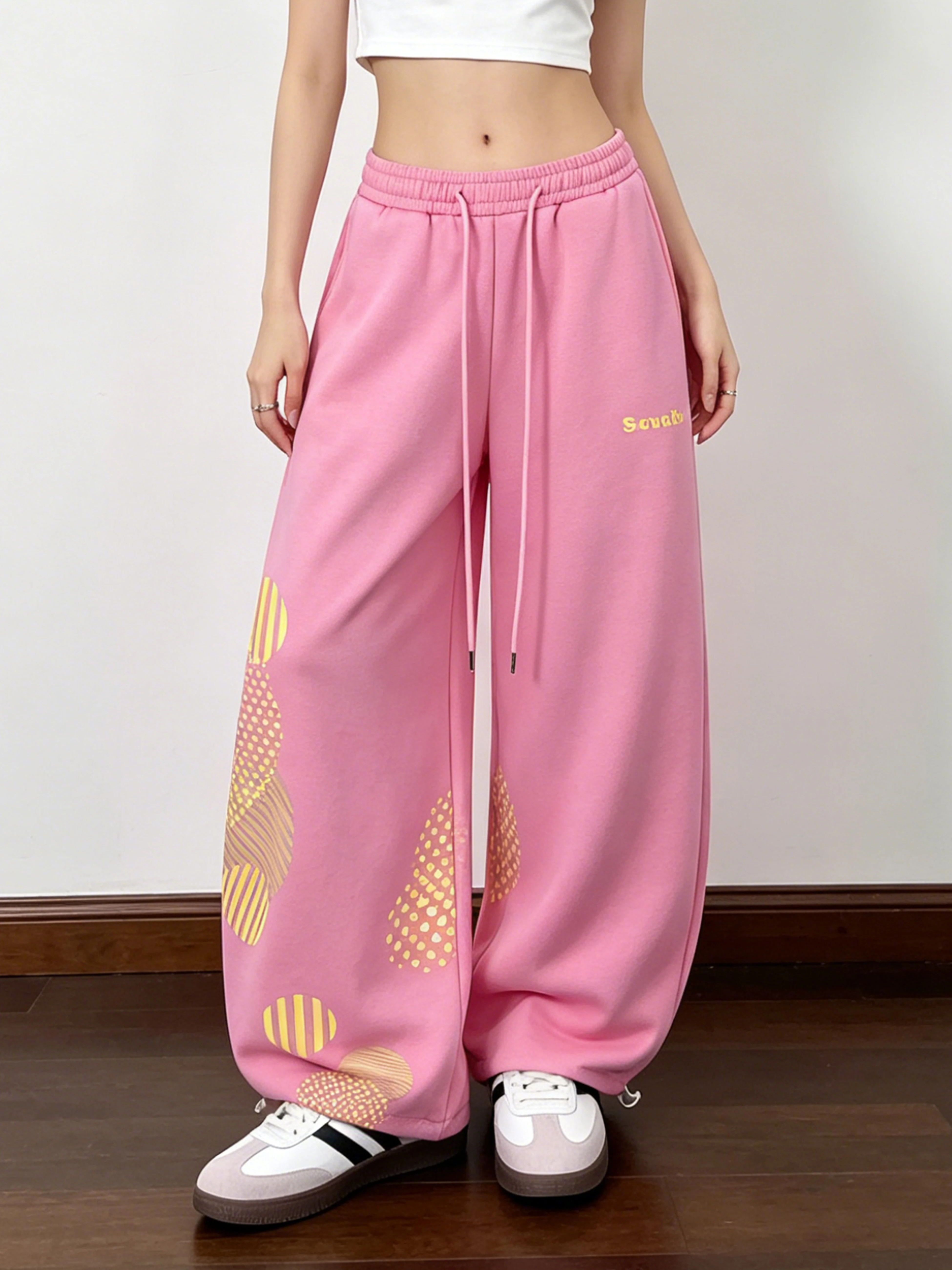American Retro Print Wide Leg Sweatpants Women Summer Small Neutral Casual Loose Fit Cuffed Pants Cotton Polyester Blend