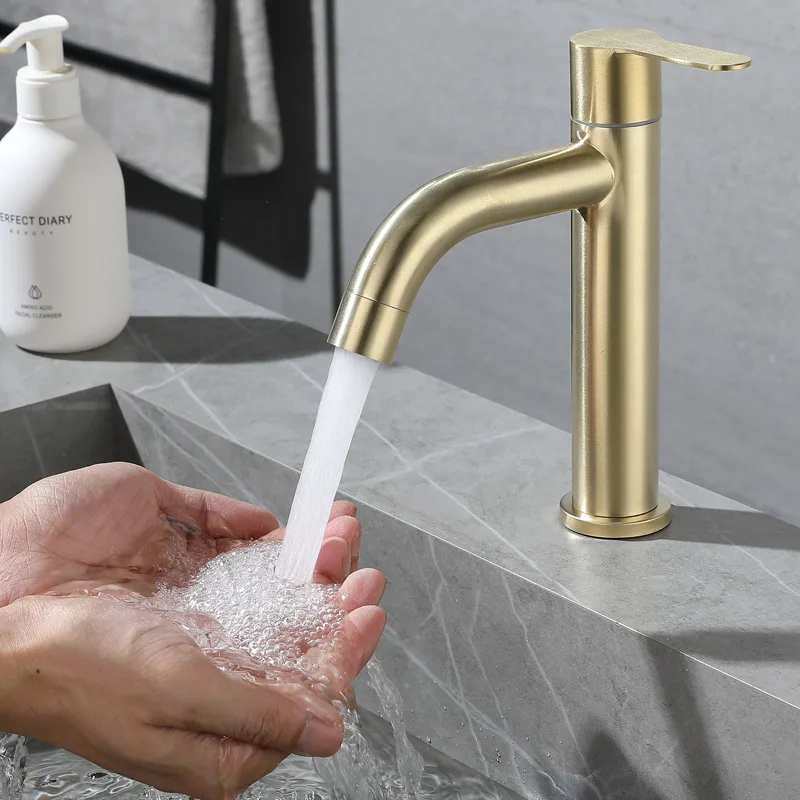 

Brushed Gold Wash Basin Faucet Single Cold Water Faucet Stainless Steel Waterfall Bathroom Sink Tap Deck Mounted Toilet Hardware
