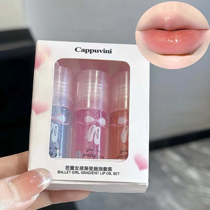 Cappuvini 3PCS Gradient Lip Oil Set Lip Gloss Mirror Watershine Fine Shine Brightening Waterproof Lasting Lipstick Lip Makeup