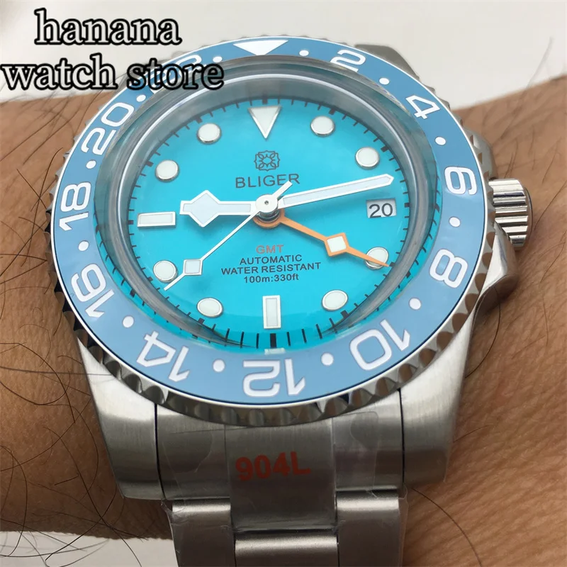40mm sky blue luminous dial NH34 GMT automatic men's mechanical watch dome-coated arch glass ceramic bezel stainless steel strap