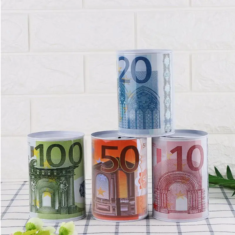 Creative Euro Dollar Metal Cylinder Piggy Bank Saving Money Box Home Decoration