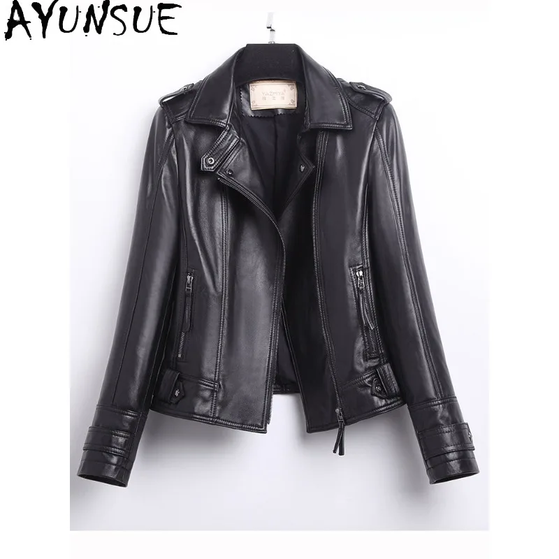AYUNSUE Women's Sheepskin Jackets Short Motorcycle Style Real Leather Jacket Woman Fashion Black Outerwears Woman Clothes Casaco