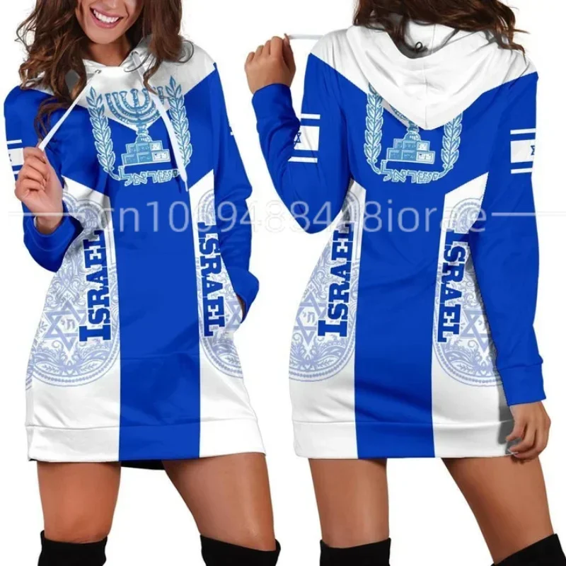 

Israel Flag Hoodie Dress Vintage Harajuku 3D Printed Flag Jumper Casual Sexy Female Hoodie Dress