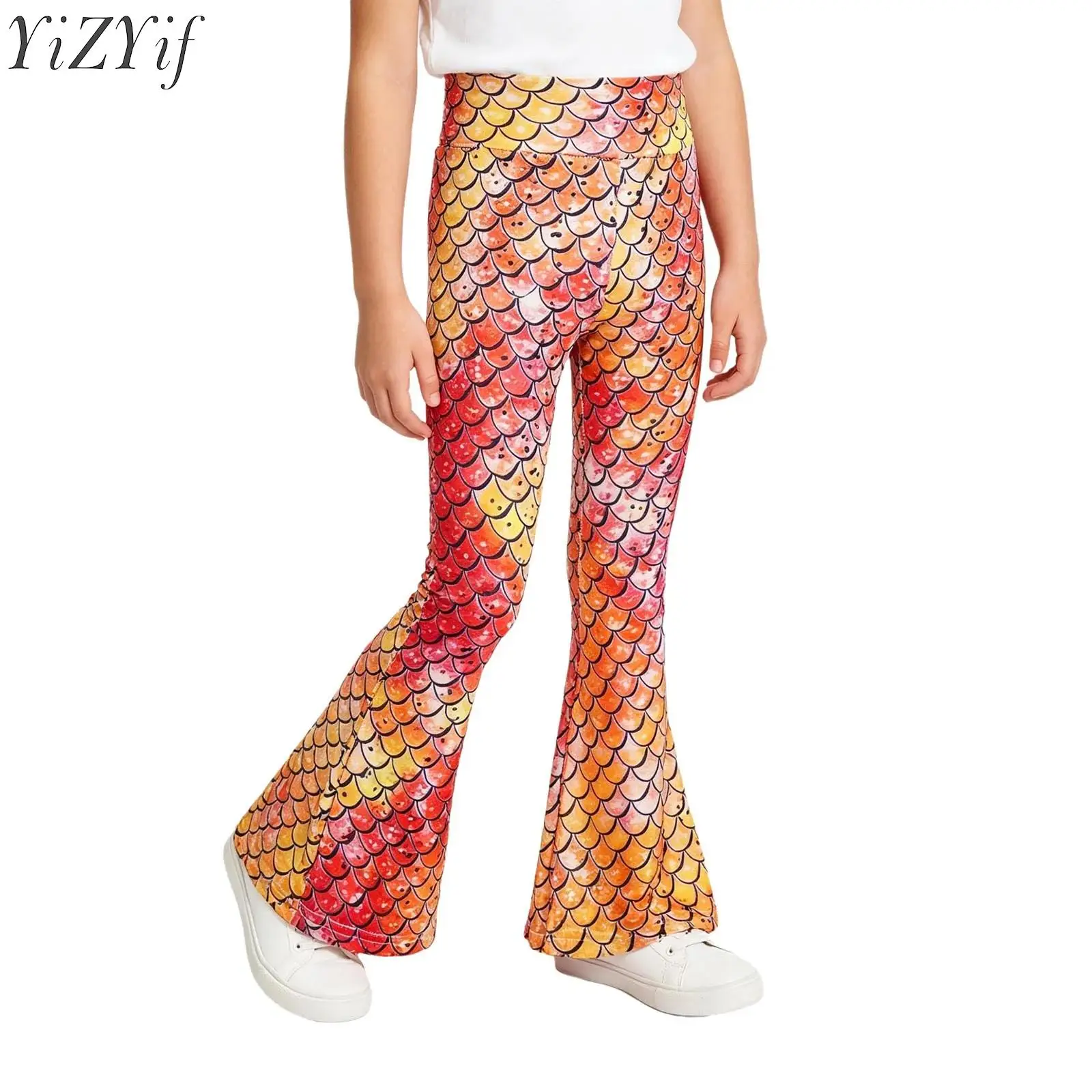 Kids Girls Mermaid Pants Fish Scale Printed High Waist Flared Long Pants Elastic Waistband Bell Legging Themed Dance Trousers