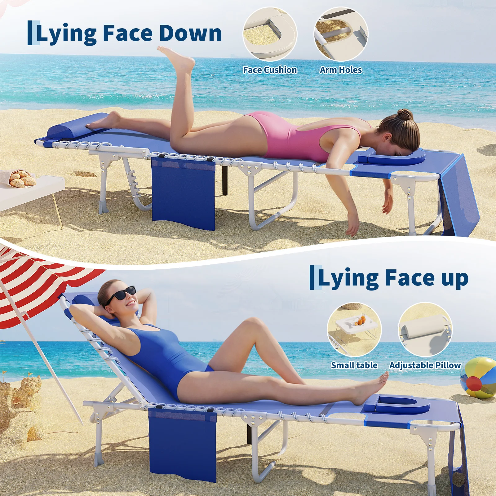 1 Pack 3-in-1 Outdoor Tanning Lounger with Face & Arm Holes, 5-Position Reclining Beach Chair – Folding Table, Removable Pillow, Supports 330 lbs