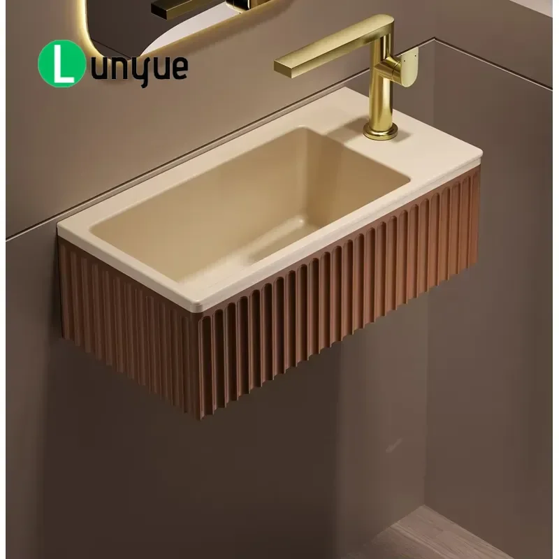 Matte Skin Feel Wall Mounted Sink Groove Texture Integrated Artificial Stone Bathroom Basin Compact Design for Small