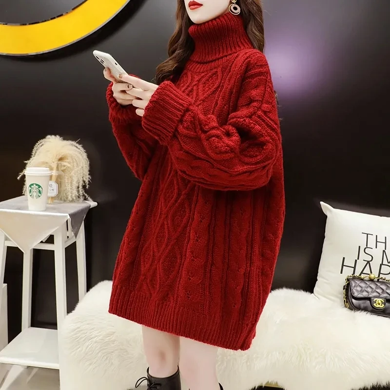 Red High Neck Sweater Women Thickened Mid length Autumn/Winter 2023 New Versatile Loose Thread Bottom Sweater Women Sweater tops