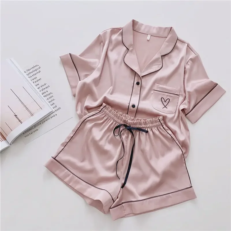 

2pcs/set women's pajamas set ice silk student home wear two sets of large size cardigan short sleeve shorts young girls clothes