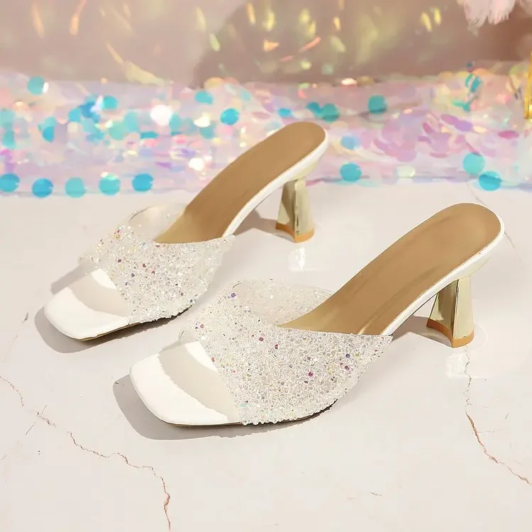 2026 Sommer Damen Atmungsaktive Glitzer-Verzierte High-Heel-Pantoletten Modische Elegante Freizeitsandalen mit Eckiger Spitze – Detail 11