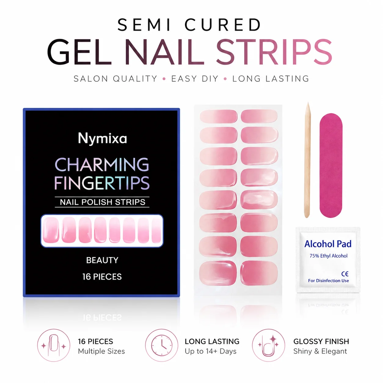 16Tips Semi-Cured Gel Nail Wraps Full Cover Manicure DIY Waterproof Long Lasting Gel Nail Stickers set for UV Lamp Need