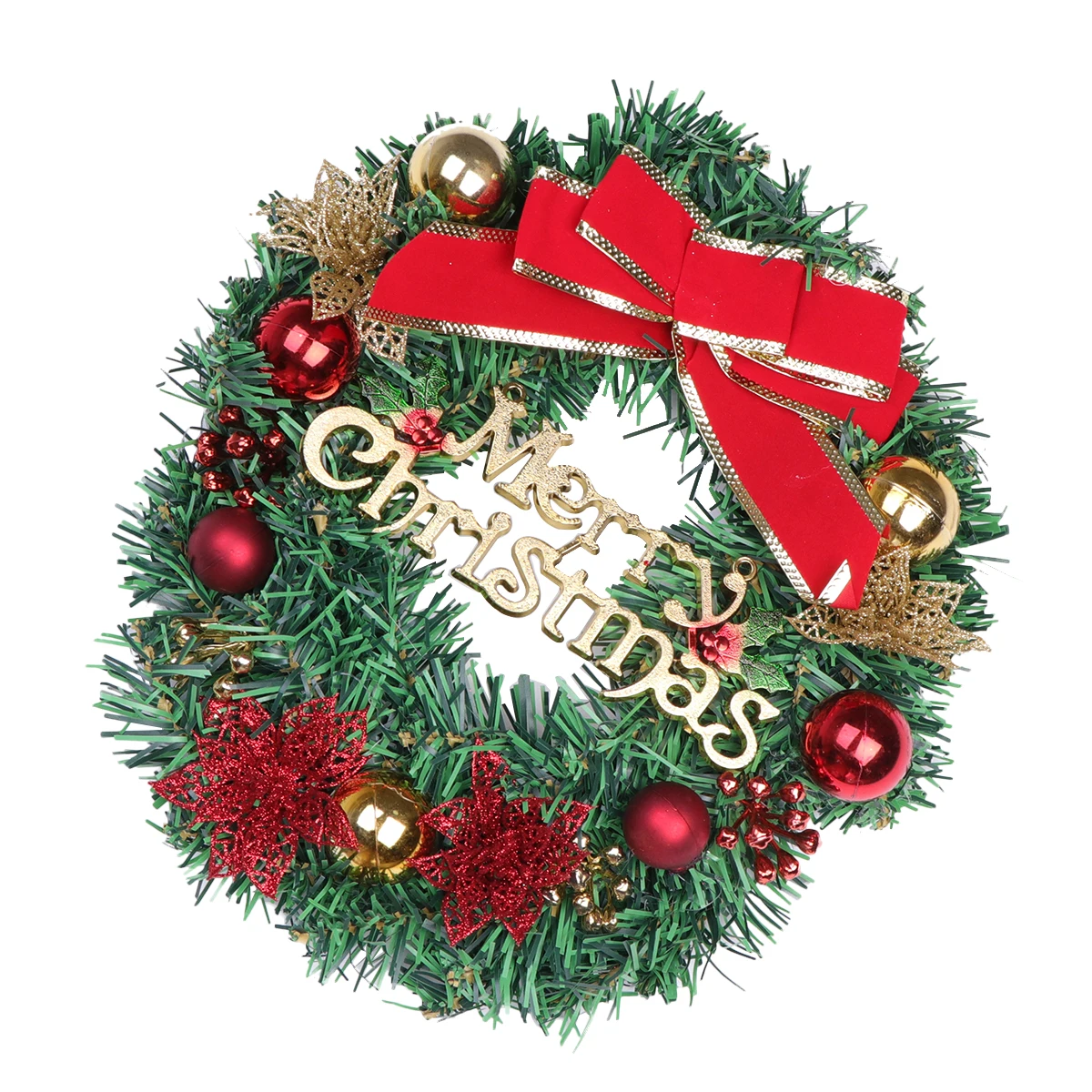 

1pc Christmas Rattan Wreath Shiny Xmas Ball Garland Door Hanging Ornament Artificial Everlasting Flower Ring Home Party