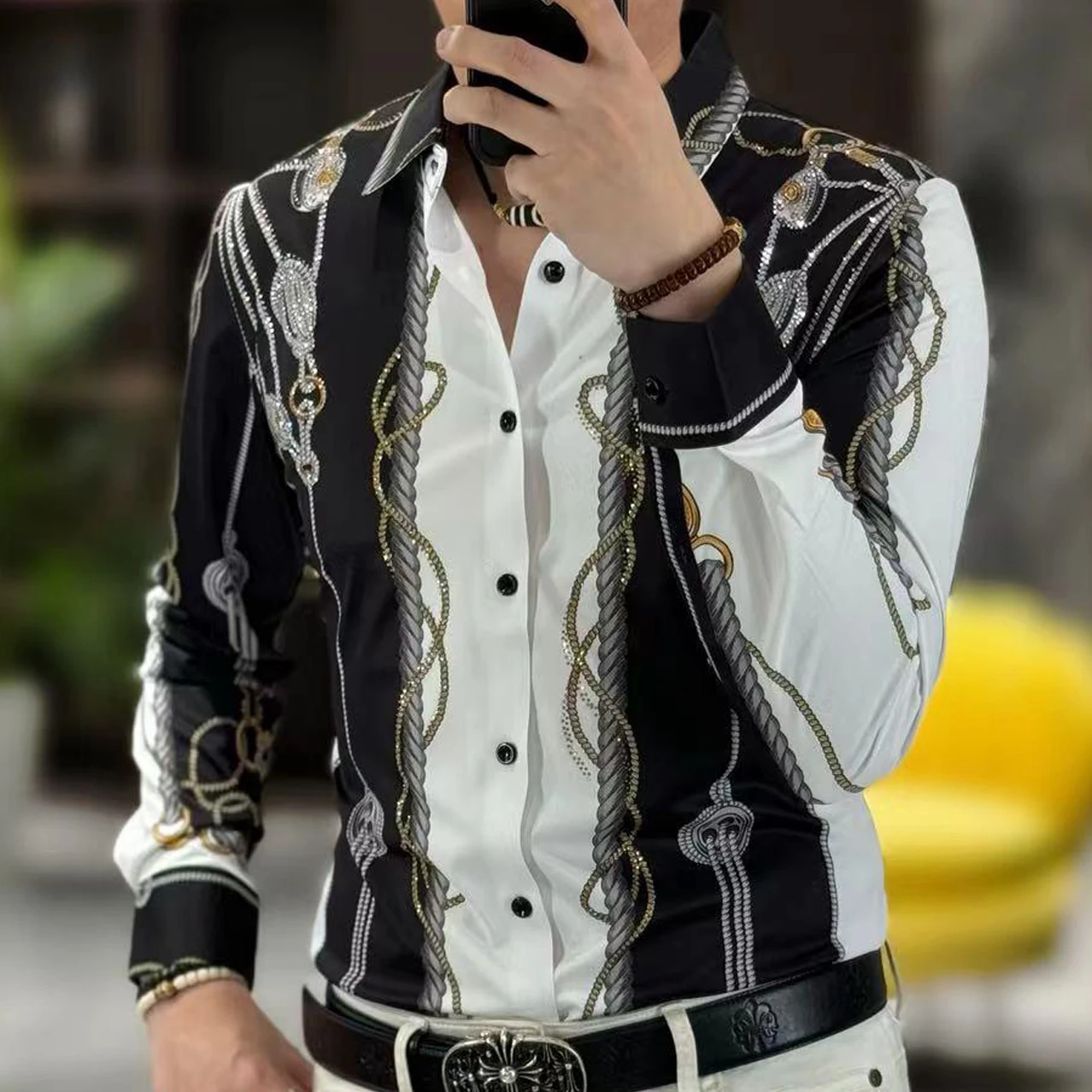 Camisa de esmoquin Vintage para hombre, Camisa con estampado de patrón de lujo, informal, ajustada, de manga larga, para fiesta y Club