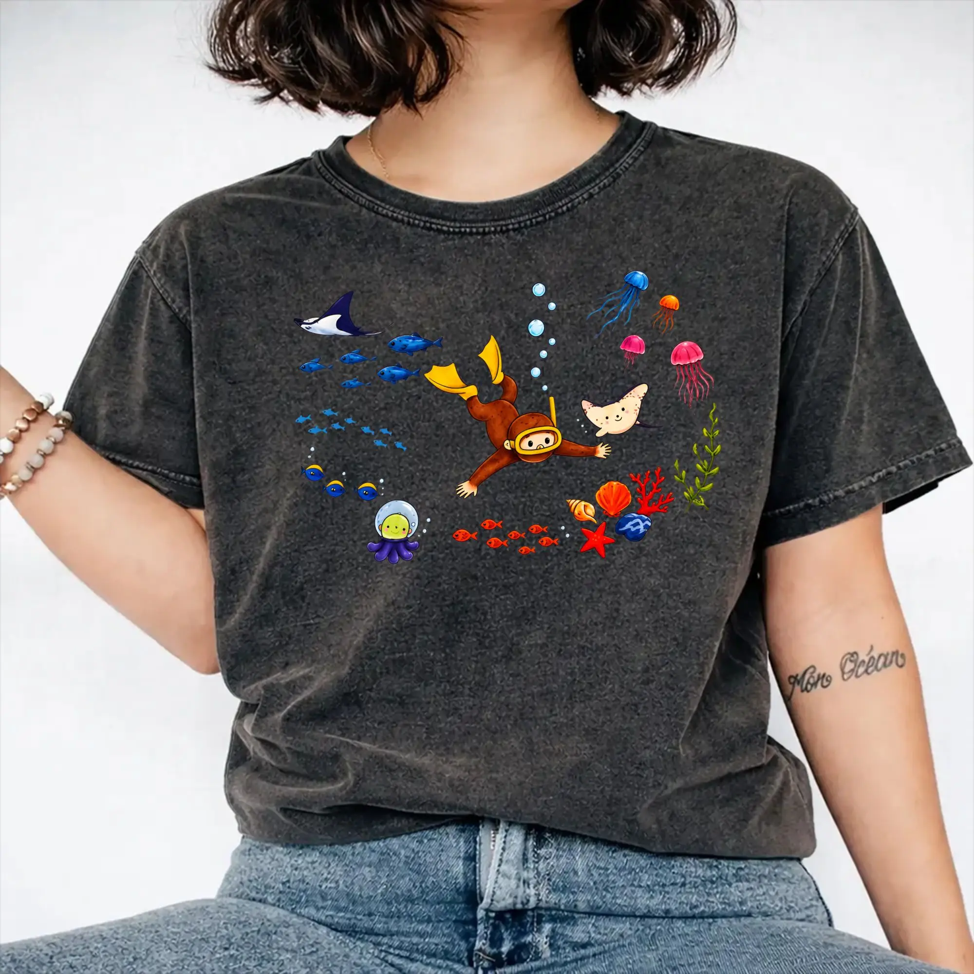 Curious George Underwater Monkey  Merch Washed T Shirts Men Women Streetwear Hip Hop T-Shirts Graphic Printed  Tee Shirt