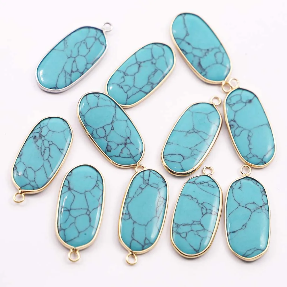 Natural Stone Turquoise Multicolor Ellipse Plane Gilt Edge Necklace Pendants Diy Fashion Jewelry Gift Accessories Wholesale 8Pcs