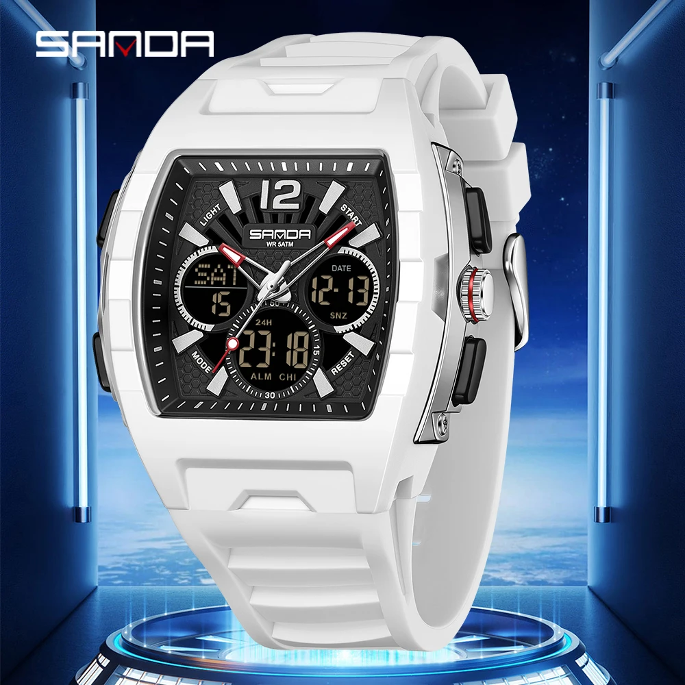 SANDA 3396 Hot Selling Men's Dual Display Digital Watch Luminous Waterproof TPU Large Dial Chronograph Calendar Male Wristwatch