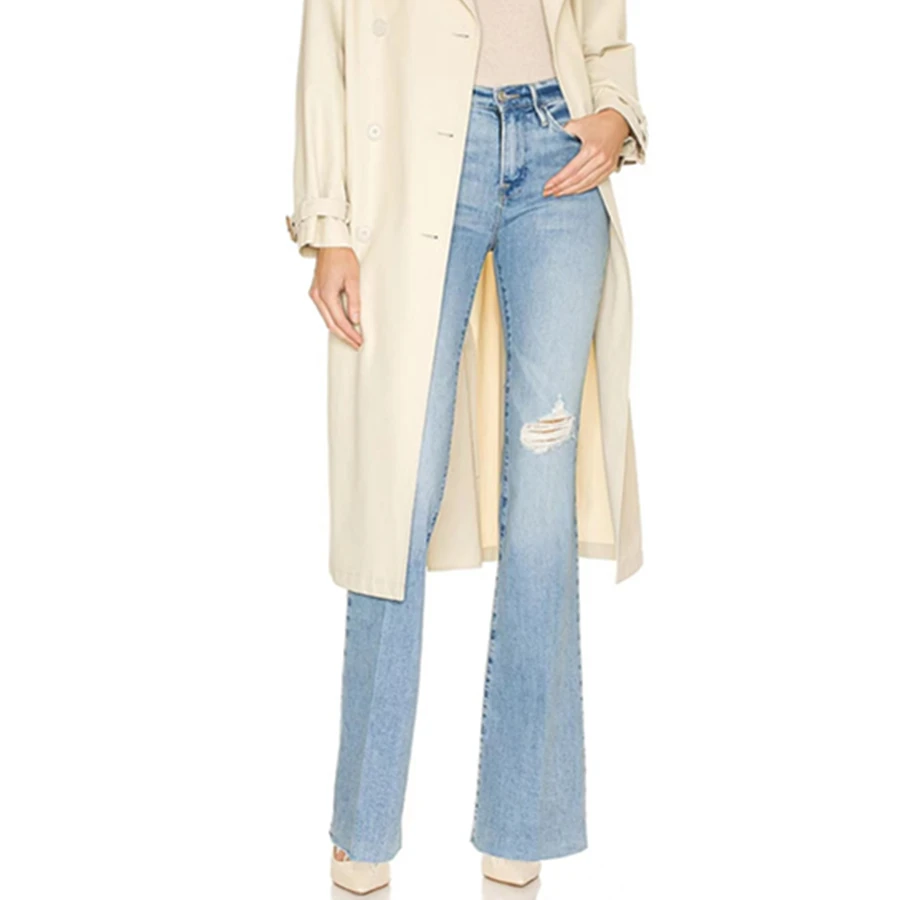 

Maxdutti French Minimalist Worn-out Mid Rise Jeans Nostalgic Light Blue Slim Fit Ripped Denim Flared Pants For Woman Clothing