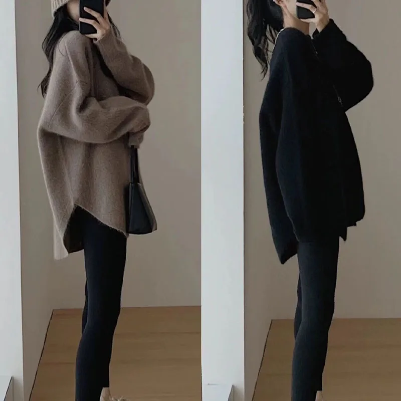 Autumn And Winter New Thick Pink Sweater Long Sleeve T-shirt Women's Long Loose Top Cover Bottom Bottoming Shirt