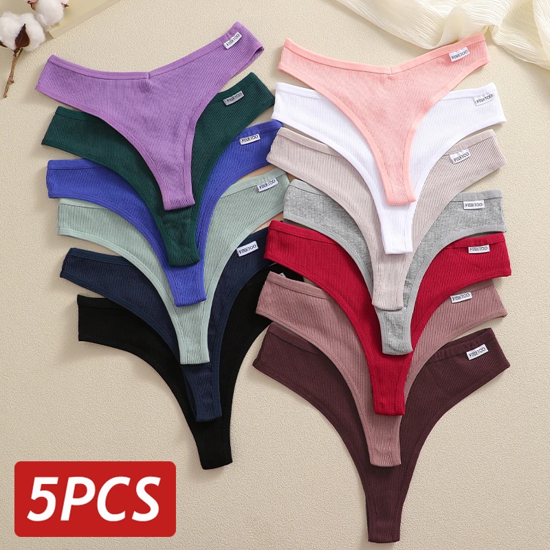 FINETOO 5Pcs Women M-XL G-String Cotton Thongs 13 Colors Sexy V Waist Female Underpants Ladies Ribbed Breathable Pantys Lingerie