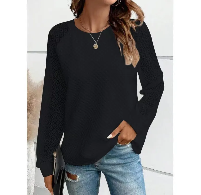 Blusa americana de manga larga para mujer, cuello redondo, encaje, sentido de la personalidad, diseño, nuevo, Otoño e Invierno