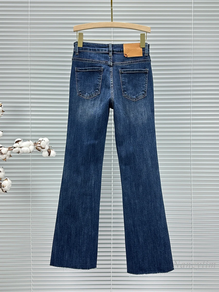 European Fashion Split Skinny Jeans for Women Trendy 2024 New Autumn High Waist Slim Fit All-Match Rhinestone Blue Denim Pants