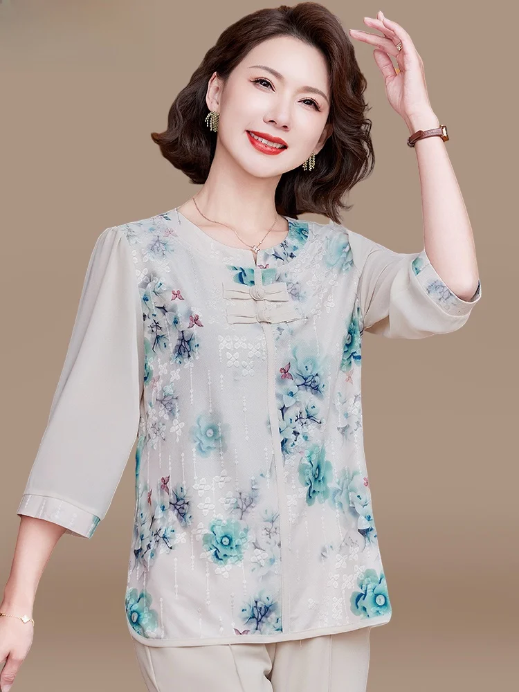 

Новая модная свободная блузка в китайском стиле для женщин среднего возраста, весна-лето 2025, с рукавом 3/4, в национальном стиле