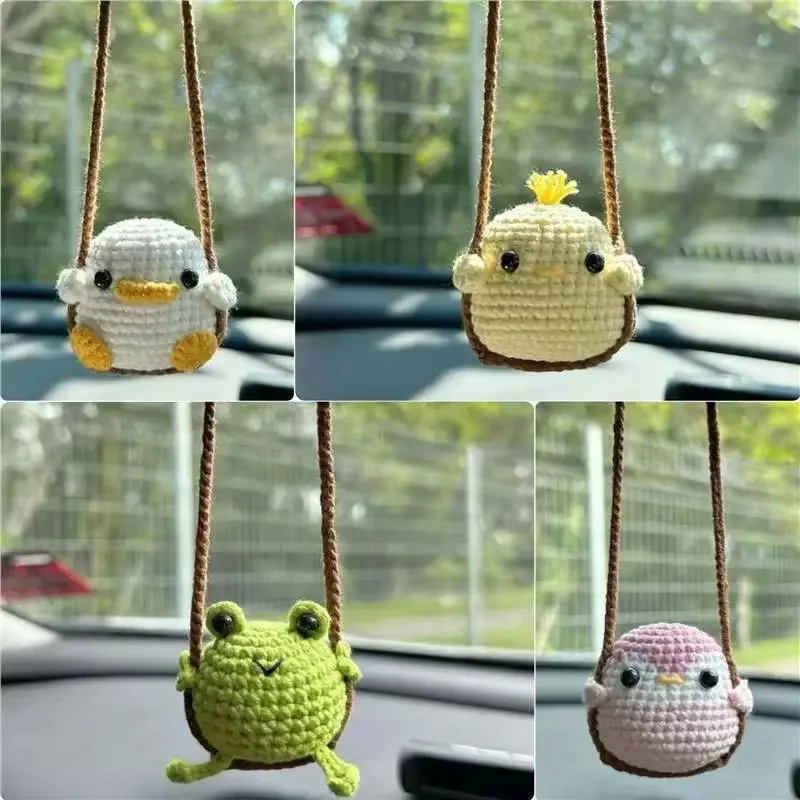 Handmade Crochet Animal Car Charms - Soft Yarn Crafted Frog Penguin Chick Pendants Cute Rearview Mirror Decorations for Vehicle